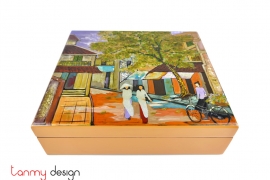 Rectangle lacquer box hand-painted with old quarter 27x30xH9 cm